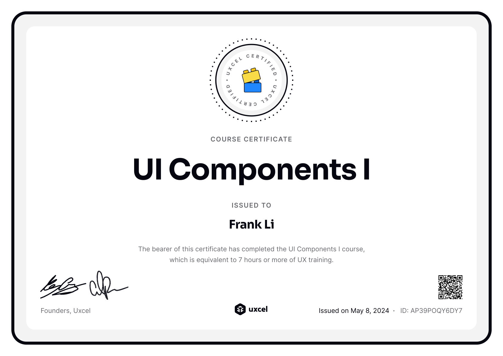 Frank Li's certificate